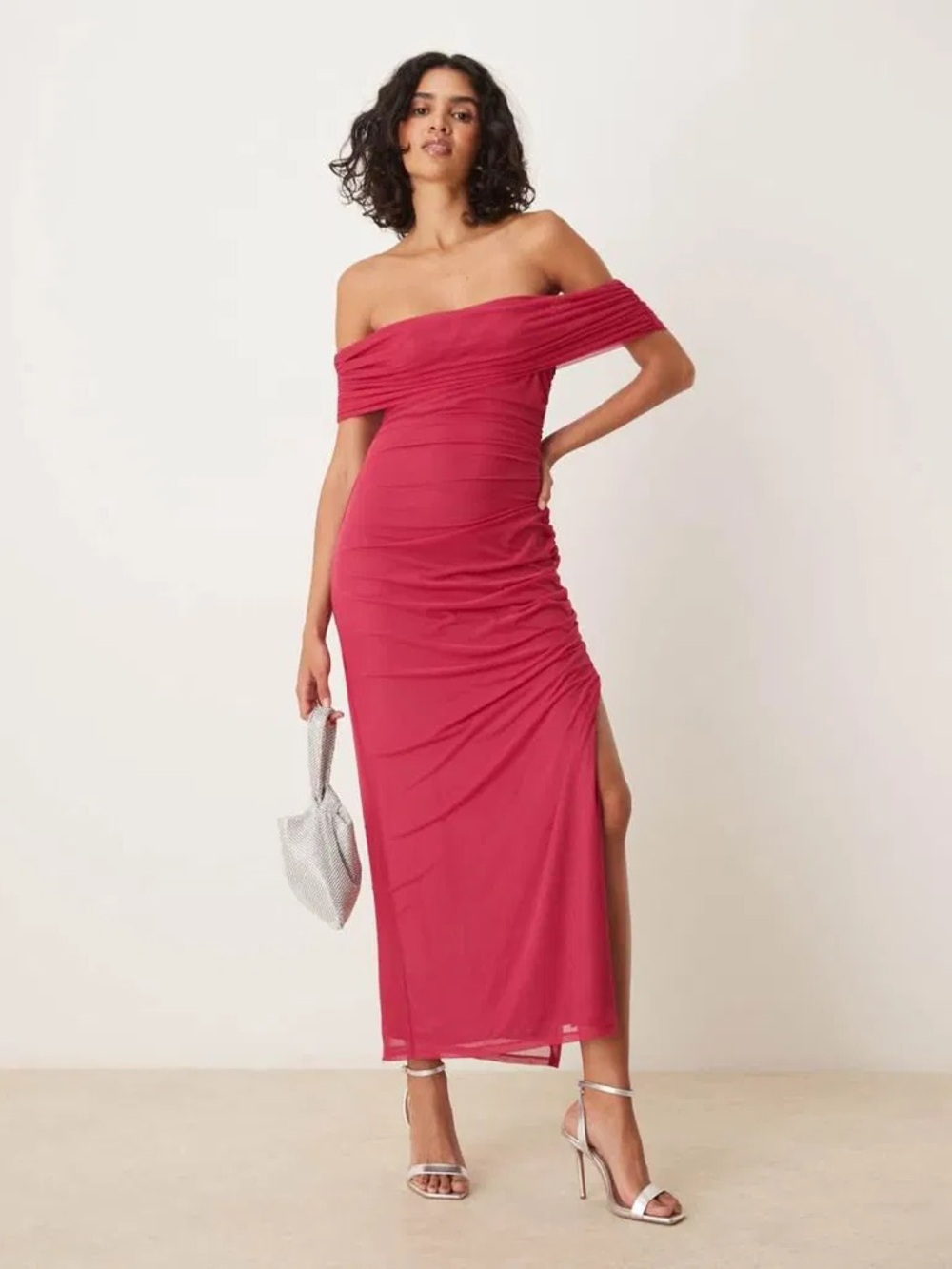 NWT Abercrombie & Fitch Off-Shoulder Raspberry Pink Ruched Midi Dress Size XXSP